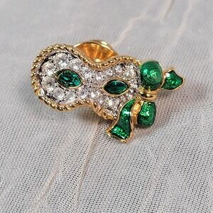 Swarovski Crystal Enamel Mardi Gras Brooch Masquerade Mask Pin Gold Tone
